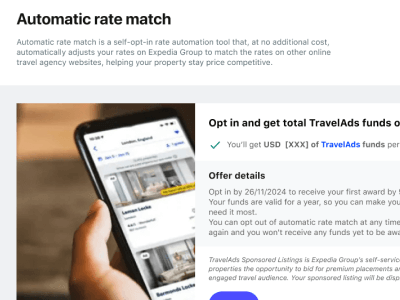 Automatic rate match page illustrating how the program works and what are the benefits. In this example, the incentive to join are advertising credits.
