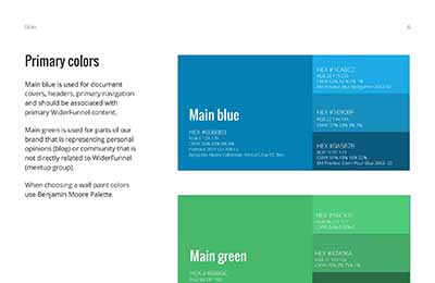 Illustration of primary colors used in the WiderFunnel branding, including main blue and main green, with their respective HEX, RGB, and CMYK values.