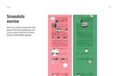 Comparison of website screenshots with a 'swiss cheese' overlay in red and green, used to emphasize areas of interest or concern on the webpage.