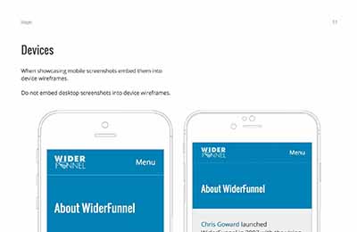 Wireframe examples of mobile devices displaying the WiderFunnel 'About' page, demonstrating how mobile screenshots should be embedded into device frames.